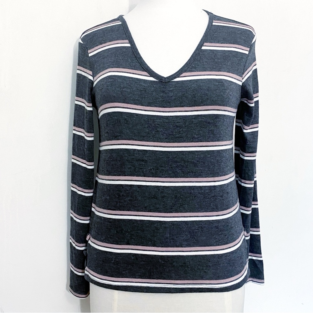 PINK ROSE striped V-neck criss cross side hem detail long sleeve knit top M